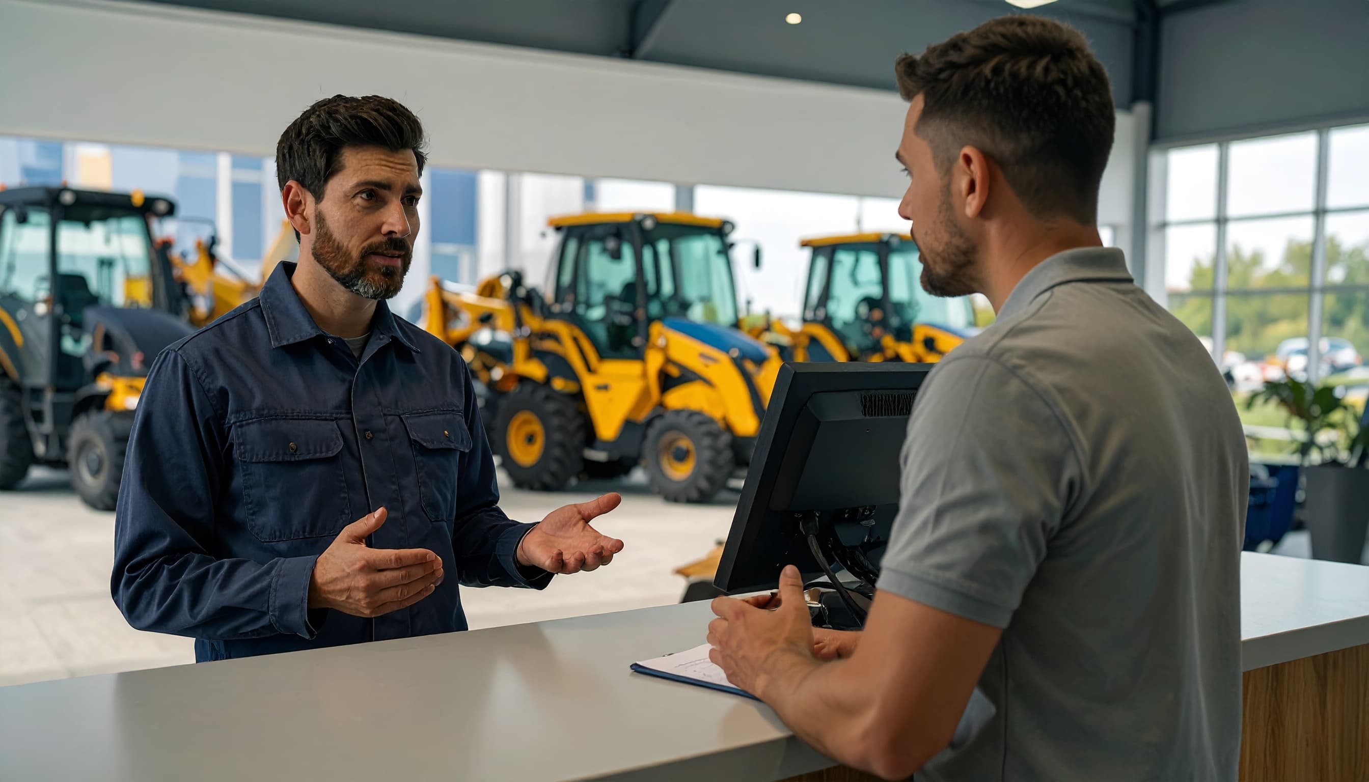 Heavy equipment rental counter scene with dealer representative